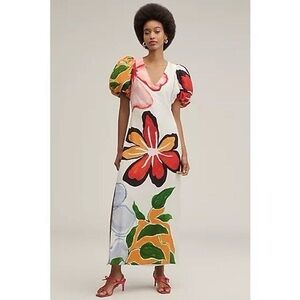 Anthropologie Puff Sleeve Floral A-Line Maxi Dress Large